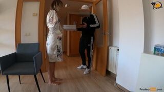 spanish pizza guy gets surprise bj and fuck from tattooed blond girl